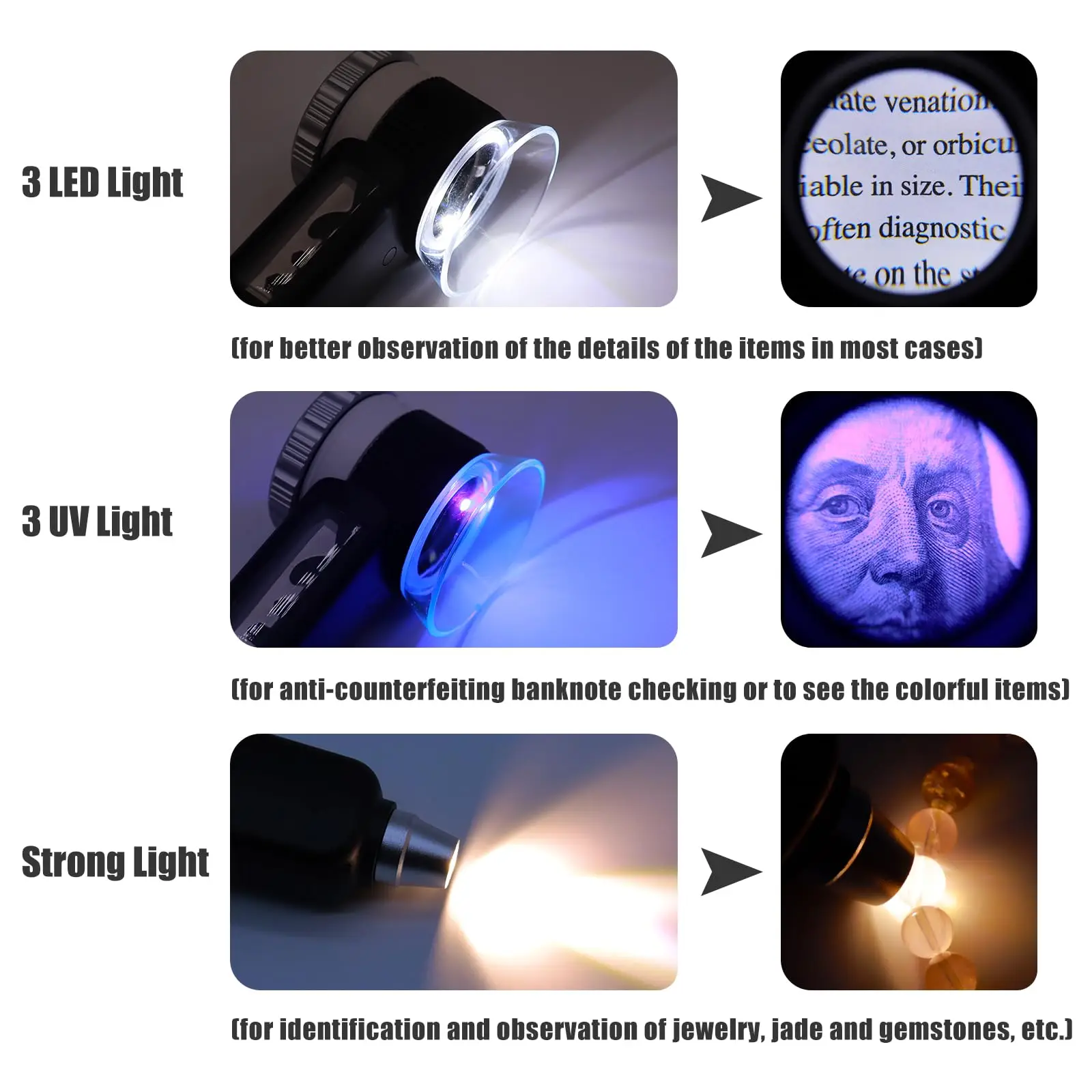 LED UV 휴대용 조명 돋보기, 블레이드 포함, 보석 옥 보석 수리용 루페, 30X 충전식 돋보기