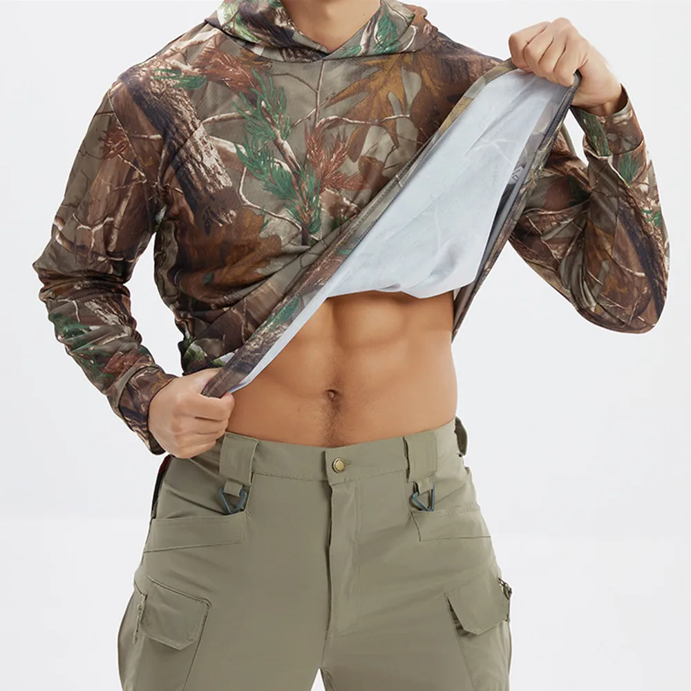 여름 태양 보호 낚시 후드 땀 방지 빠른 건조 탄성 나무 생체 공학 위장 사냥 후드 셔츠 훈련 의류