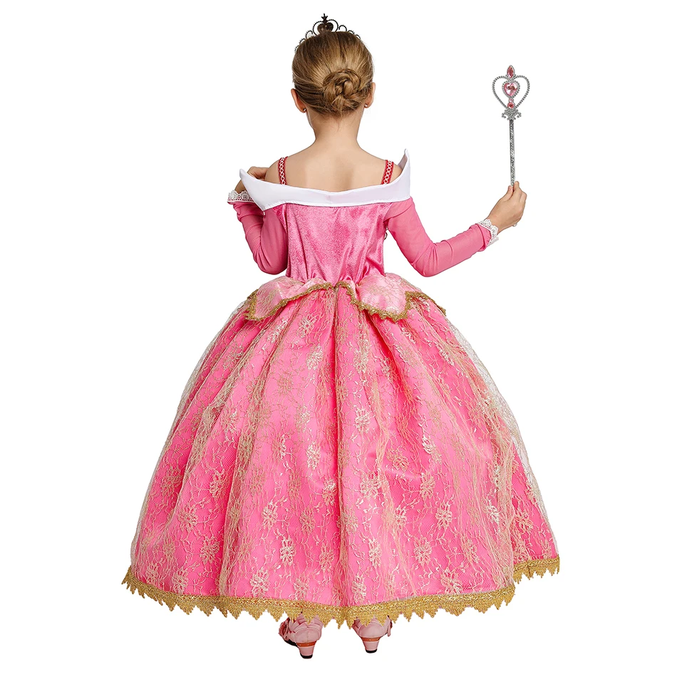 Girls Sleeping Beauty Aurora Princess Dress Long Sleeves Off Shoulder Lace Robe Kids Gorgeous Christmas Gift Fancy Party Outfits