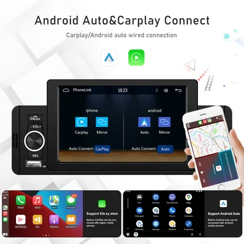 Podofo 5 inch Radio 1 Din CarPlay Android Auto Dashboard Type Multimedia Player Bluetooth Car Audio FM Receiver For Universal