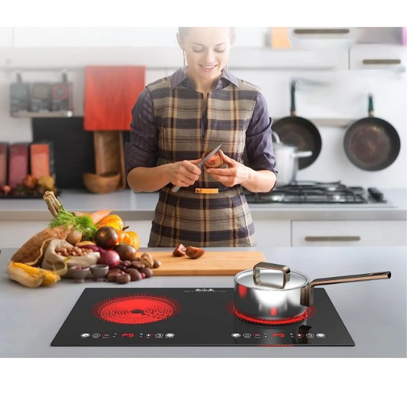 Electric Cooktop 2 Burner Ceramic Heating Countertop Built in Electric Stove Top with Touch Control Timer for Kitchen 6