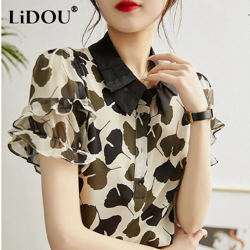 Summer Print Elegant Fashion Aesthetic Women's Shirt Loose Casual Sweat Korean Style Blouse Female Kawaii Office Lady Pullover