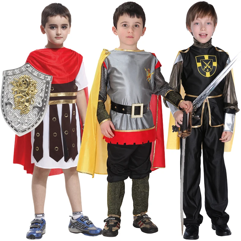 

Halloween Kids Boys Royal Warrior Knight Costumes Soldier Children Medieval Roman Attached Cape Carnival Party No Weapon