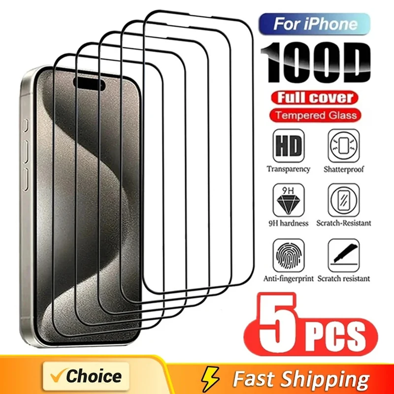 

5Pcs Protective Glass for IPhone 13 11 12 14 15 Pro Max Mini 7 8 Plus Screen Protector for IPhone XS MAX X XR Full Cover Glass