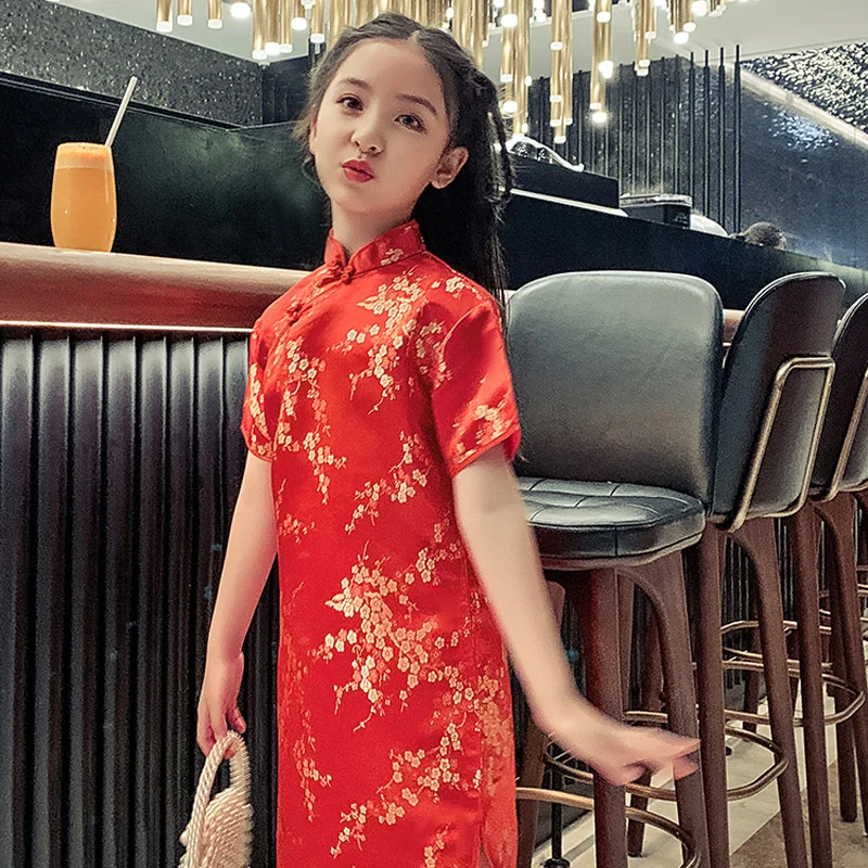 새해 중국 전통 드레스 아이 당나라 qipao 드레스 소녀 hanfu 현대 중국어 cheongsam 실크 드레스 현대 스타일 레드