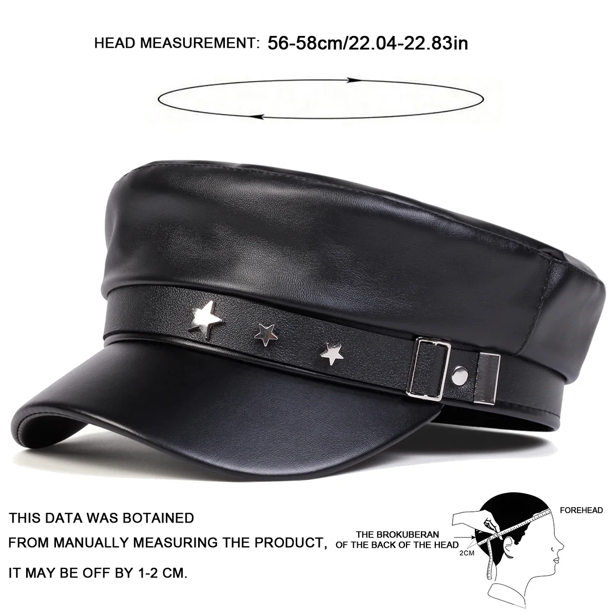 Unisex PU Leather Star Buckle Military Flat Top Baseball Cap For Women Outdoor Sports Sunscreen