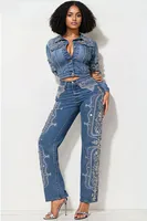 Plus Size Business Casual Blue Pocket Elegant Drilling Denim Jeans - Image 2
