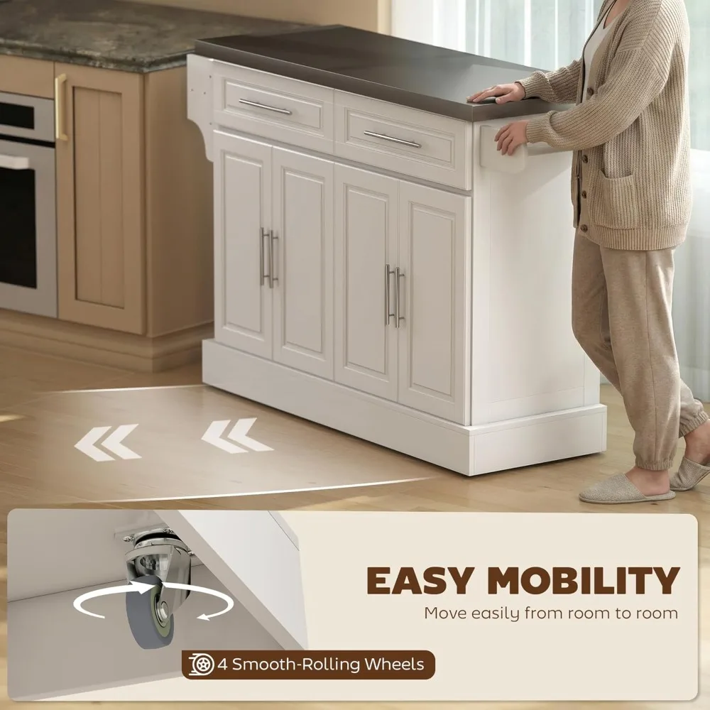 Rolling Kitchen Island Cart with 47" Stainless Steel Top, Portable Island Table for Kitchen with Wheels, Adjustable, Customized 6