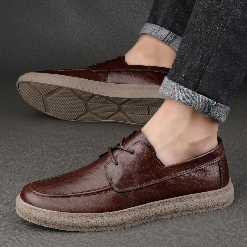 

Classic High Quality Black/brown Men Casual Leather Shoes Lace-Up Genuine Leather Flats Fashion Korean Simple Footwear Size 45
