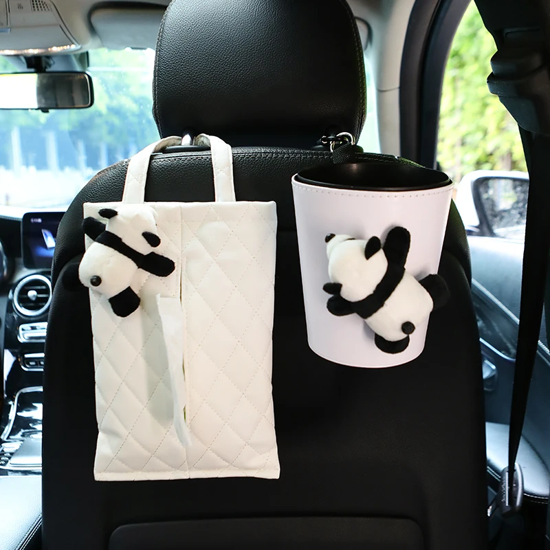 Cute Cartoon Panda Doll Car Trash Bin Can Waterproof Back Seat Headrest Mini Auto Air Vent Organizer Rubbish Bag Storage