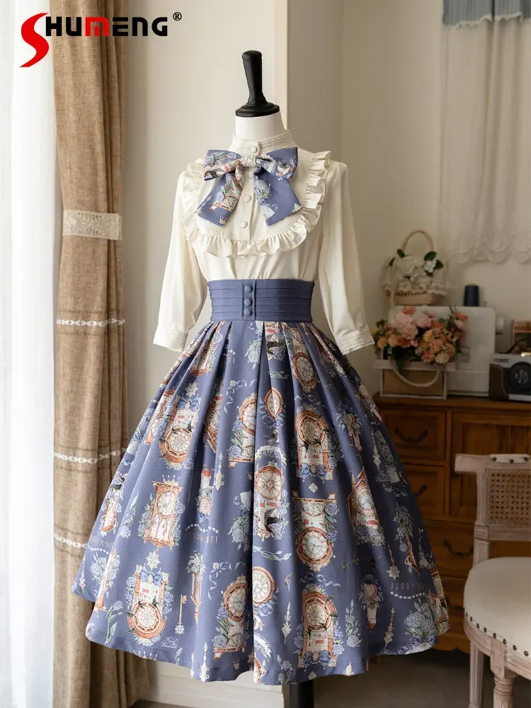 Original 2023 Summer New Lolita Printed Long Sleeve Bow Shirt and Sweet Long Skirt Set Elegant Classical Daily Skirts Feminino