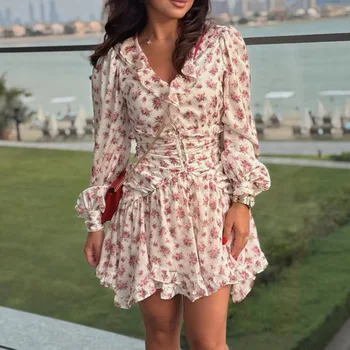 Elegante Mini Abito Floreale Francese da Donna, Casual Estivo a Maniche Lunghe con Scollo a V, Vita Arricciata, Vestibilità Slim, per Vacanze e Serate, Modello A-Line