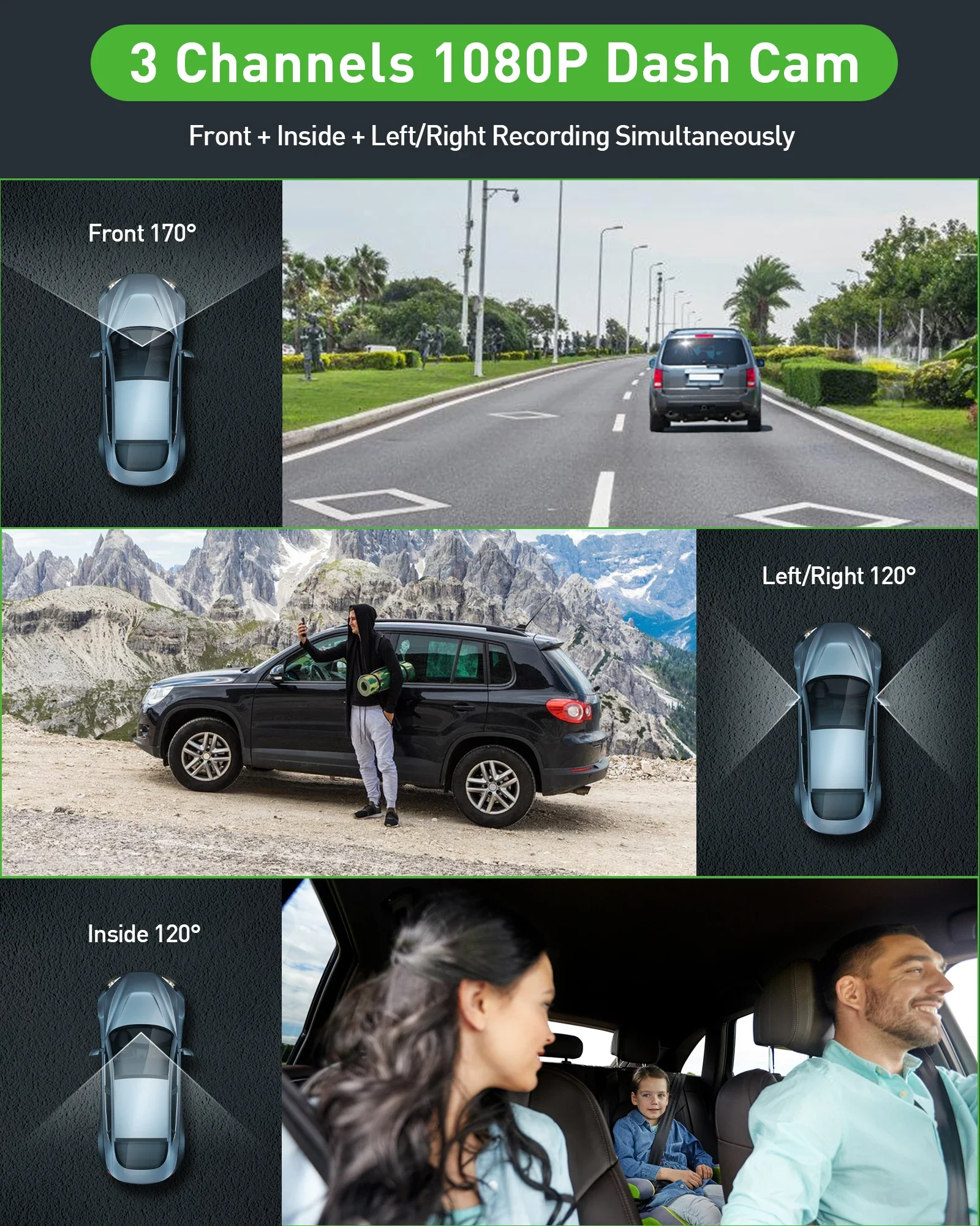 Three Lens Car Camera Dash Cam with Rear View DVR