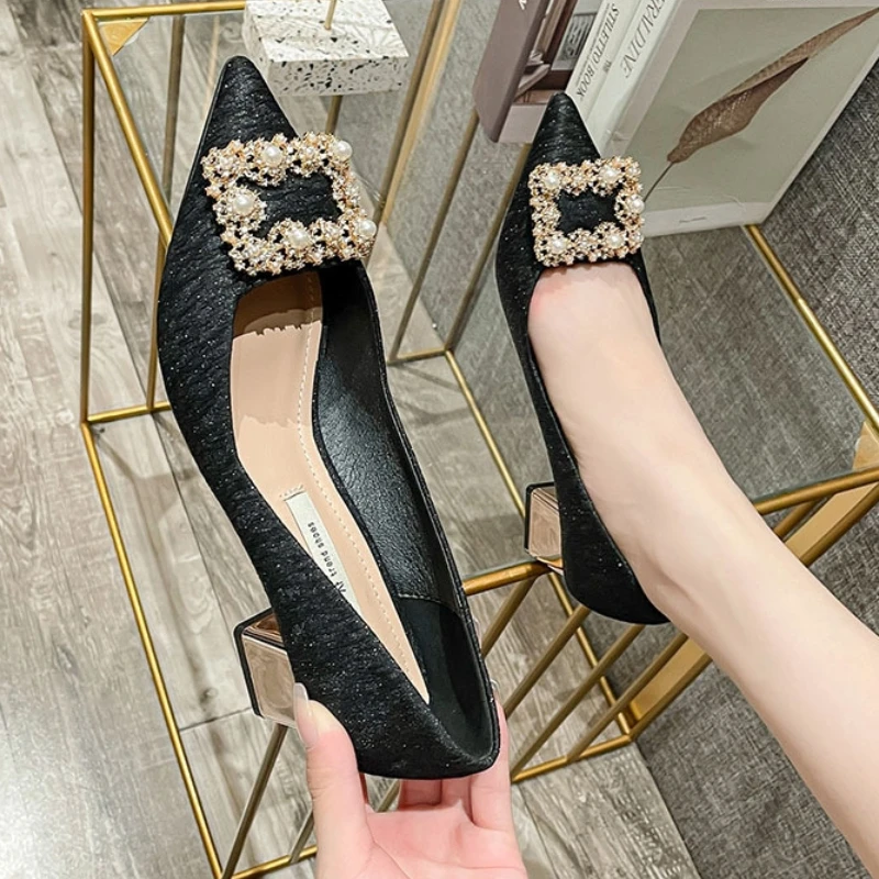 2023 Shoes Women Spring New Korean Version Pearl Rhinestones
