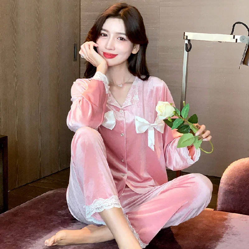 Light Luxury and High Quality Women's Pajamas Autumn and Winter Cardigan Gold Velvet Pure Color Lace Hot Style Homewear Set