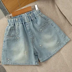 Summer Girls' Embroidered Bow Denim Shorts - Cotton Kids' Fashion - 9 - 10T (Size 150) (Blue)