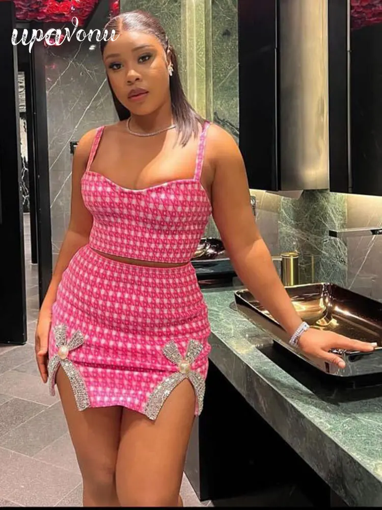 

Sexy Summer Red Plaid Short Skirt Sets Fashion Spaghetti Strap Sleeveless Short Tank Top+Beaded Design Mini Skirt Two Piece Set