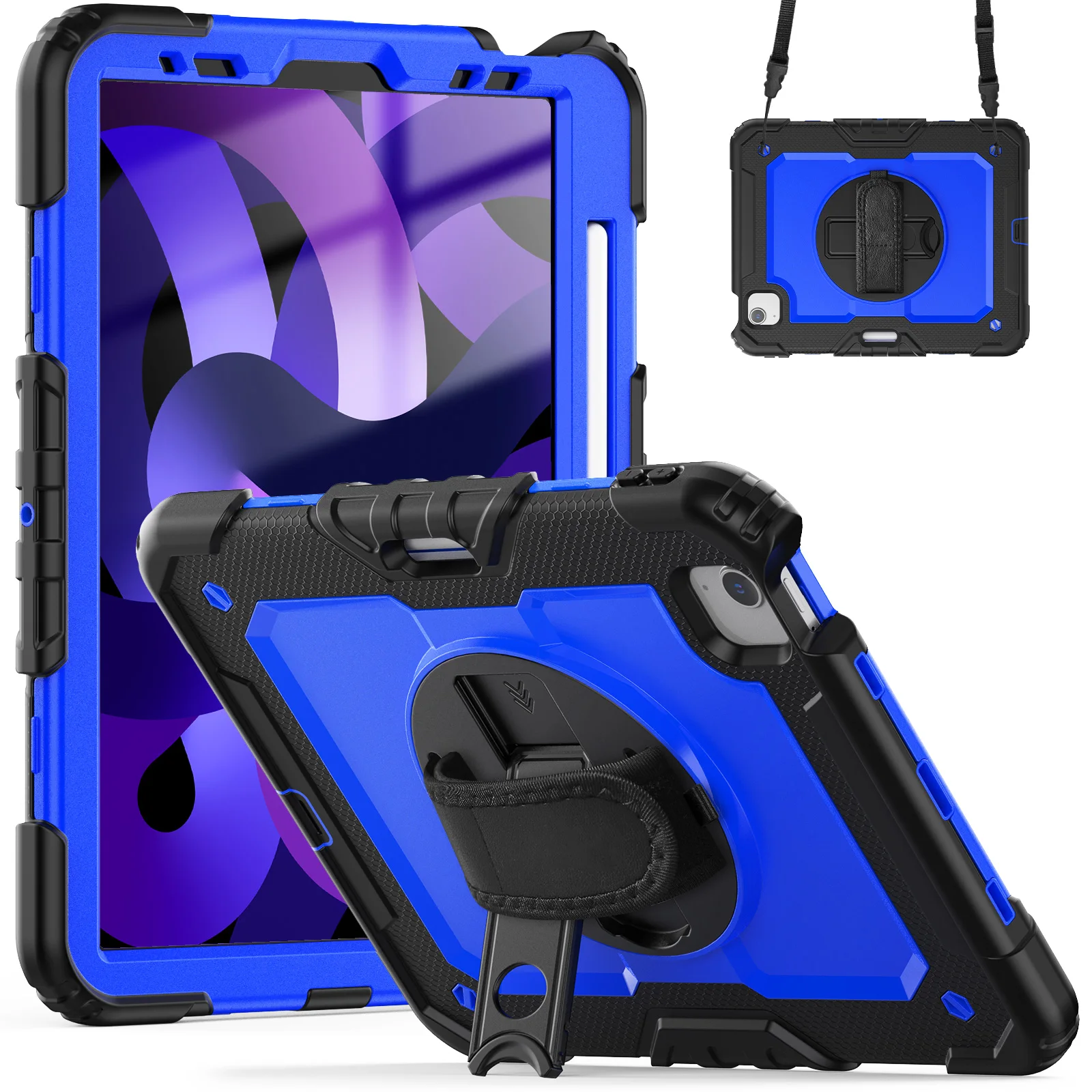 Shockproof Tablet Case with Screen Protector and 360° Rotating Hand Strap, Featuring Pencil Holder