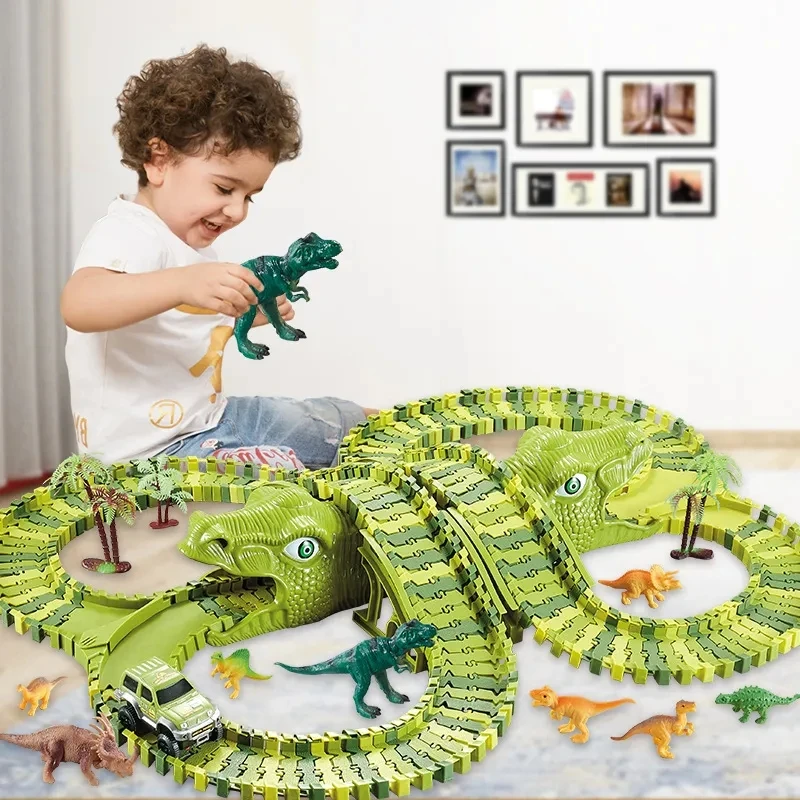 

120-320pcs Dinosaur Railway Racing Track Play Set Educational DIY Bend Flexible Race Track Electronic Rail Car Toys for Kids