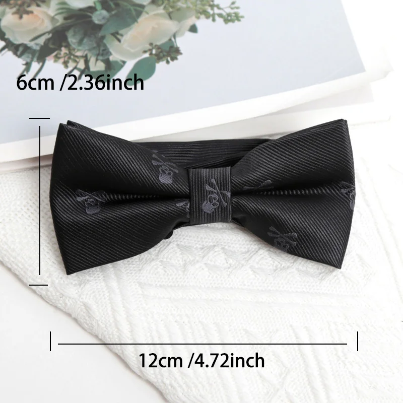 Black Slim Skull Ties for Men Women NeckTie Pocket Square Cufflinks Brooch Set Casual Party Cosplay Punk Accessories Fake Collar