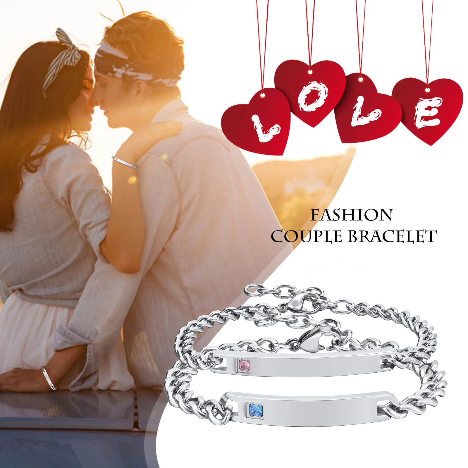 Vnox Free Custom His and Hers Nameplate ID Matching Couple Bracelets for Women Men,Never Fade Love Valentine's Day Gifts