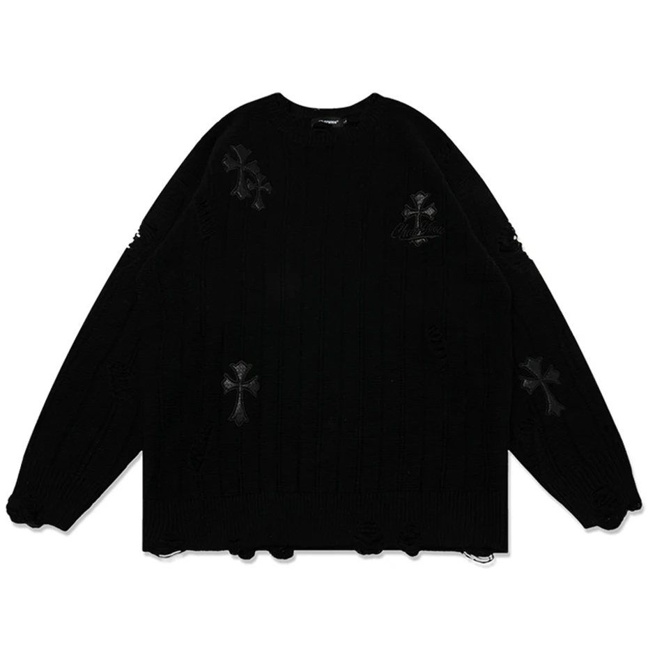 Punk Gothic Ripped Knitted Sweater Cross Patchwork Oversized 