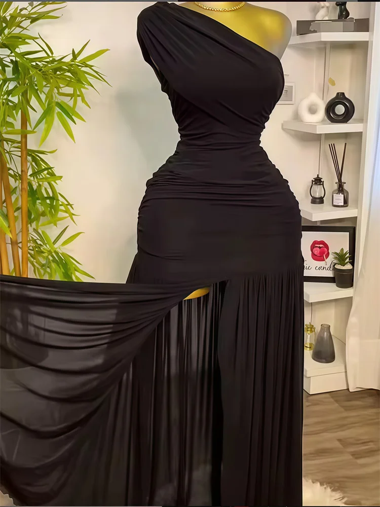 Wmstar Long Dresses for Women 2025 New Solid Color Sleeveless Skew Neck Pleated Slim Slit Maxi Dress Wholesale Dropshipping