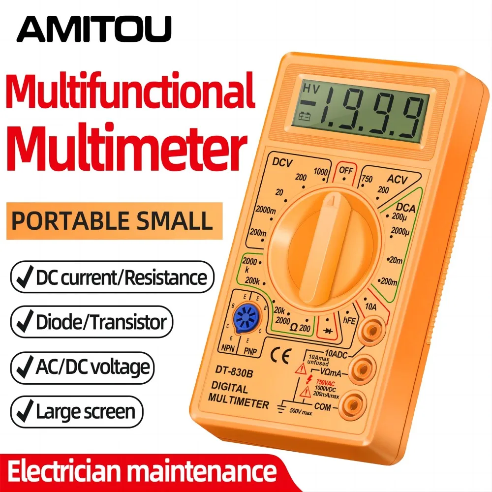 AMITOU DT830B Digital Multimeter AC/DC LCD Mini Voltmeter Ammeter Ohm Tester 750/1000V High Safety Handheld Meter With Probe digital multimeter multimeter tester voltage meter tester
