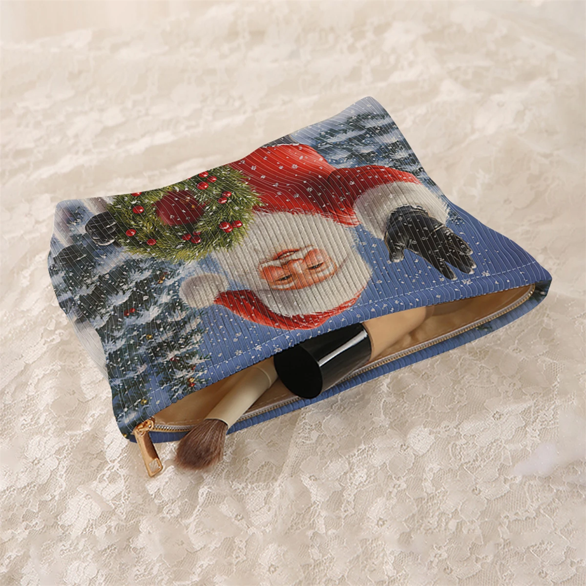 1 Christmas themed corduroy makeup bag, lightweight zipper makeup storage box, multifunctional bag with lining