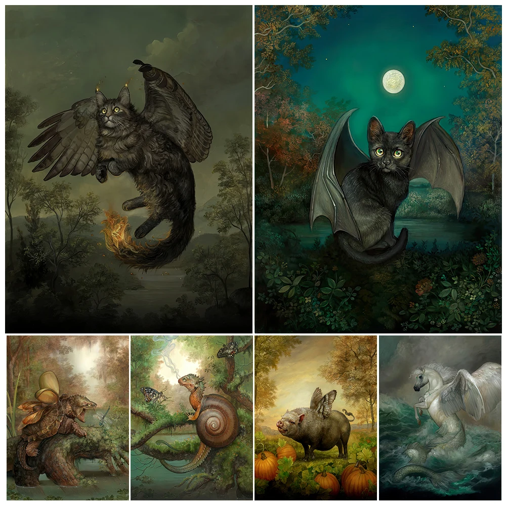

Bat-Cat,Bat-Rabbit,Unicorn-Donkey,Crocodile-Eagle Vintage Canvas Wall Art Magical Surreal Fantasy Animals Art Poster Print Decor