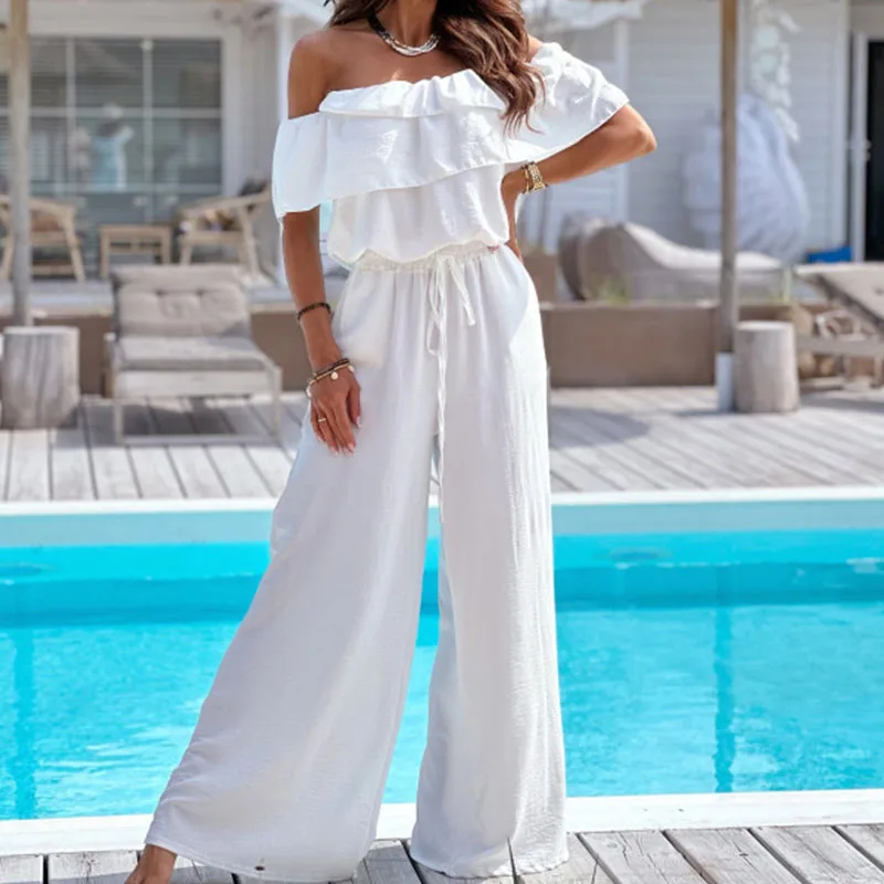 

Women Sexy Slash Neck Draped Long Jumpsuits Elegant Lace-up Waist Ruffles Rompers Casual Wide Leg Solid Loose Playsuit Overalls