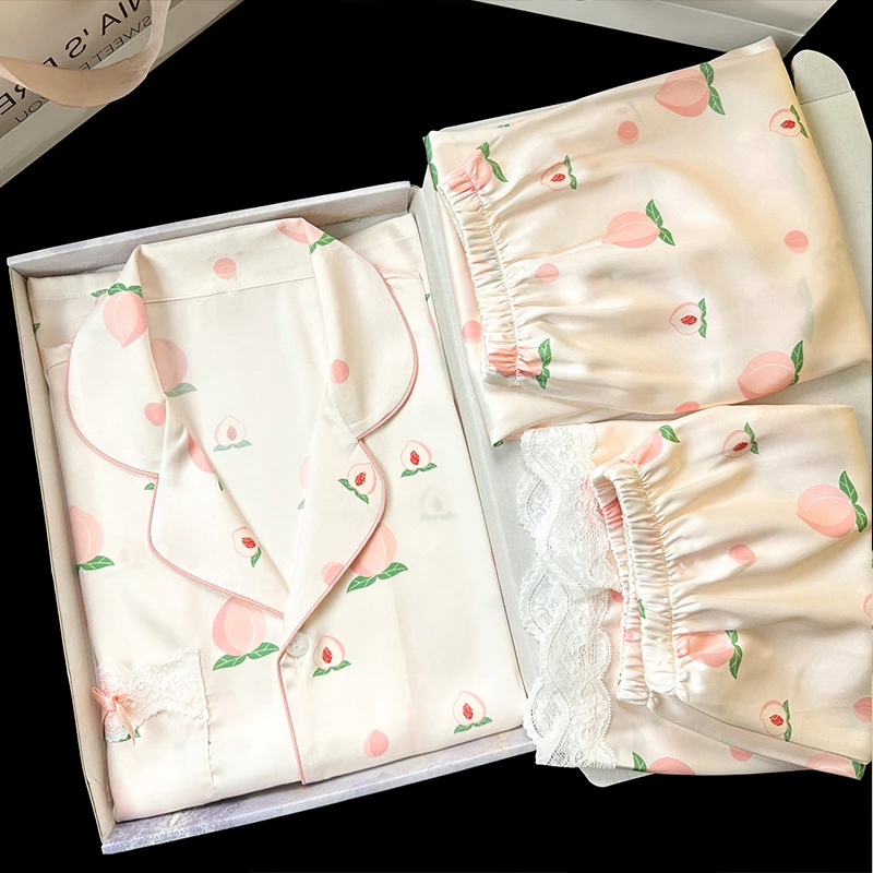 2024 Korean New Women's Three-piece Pajamas Fashion Design Print Spring Female Sleepwear Short Sleeve Shorts Long Pant Housewear