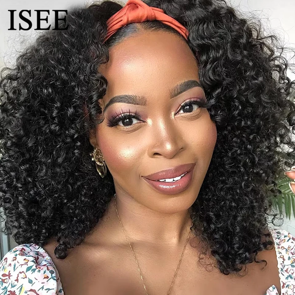 Human hair wigs ISEE Hair Headband Wig Human Hair Kinky Curly Scarf Wigs For Women Brazilian Curly Wigs No Glue No Gel Full Machine