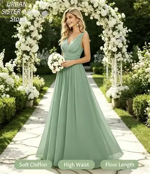 Sage Green V-Neck Sleeveless Chiffon Bridesmaid Long Gown with Pleated Waist