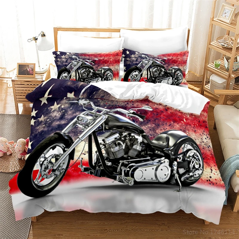 

3D Retro Style Motorcycle Bedding Set Duvet Cover Set Comforter Cover and Pillowcase for Home Bedroom Twin Full Queen King Size