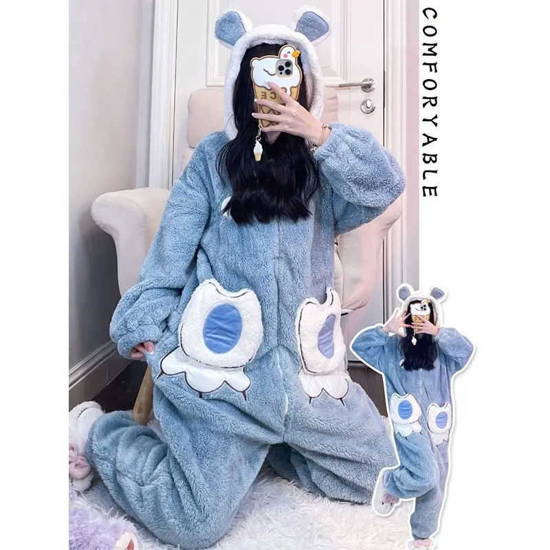 Loose Coral Fleece Jumpsuit Pajama Winter Warm Cartoon Sleepwear Onepieces Nightwear Thickened Flannel Cosplay Rabbit Home Wear