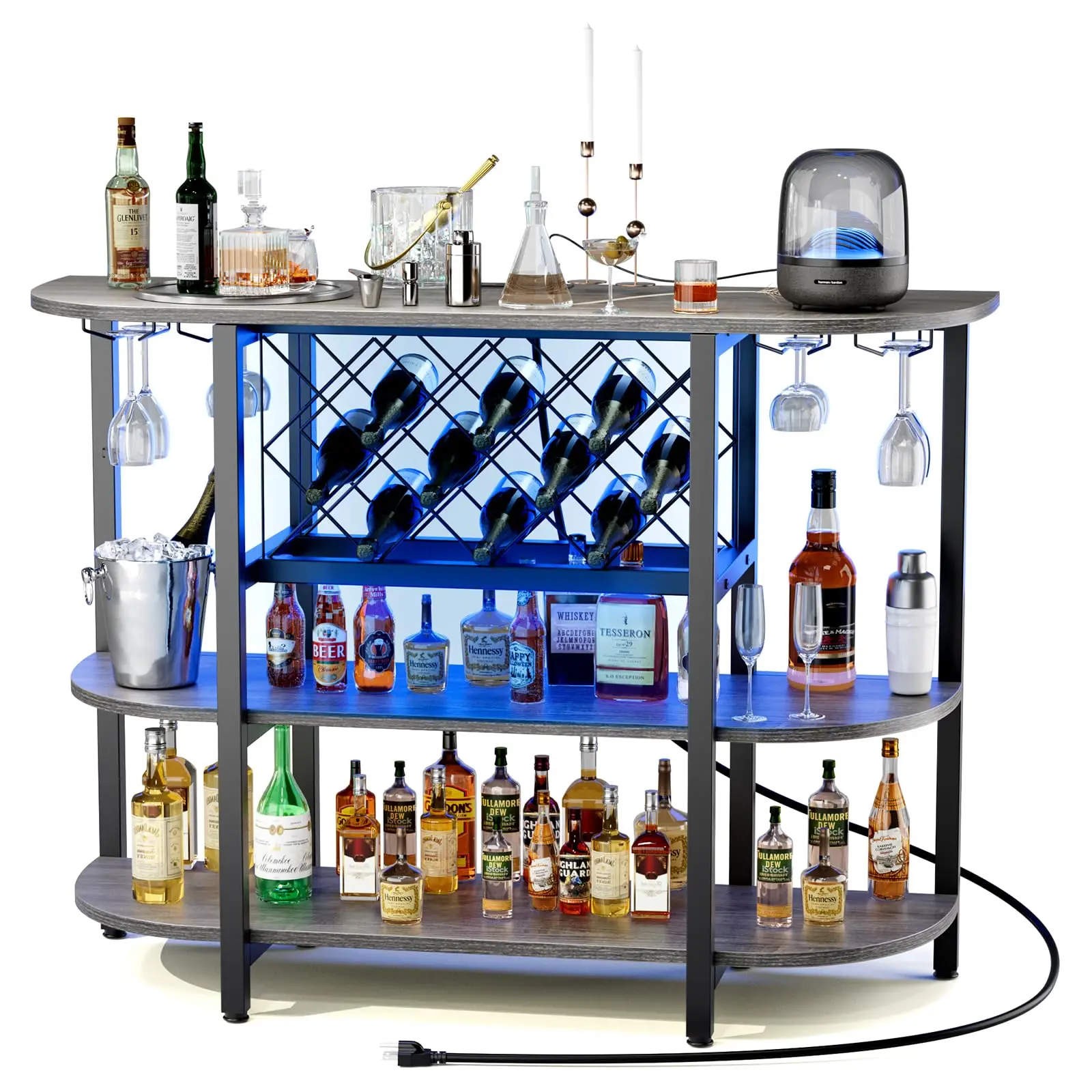 Modern home bar setup with LED cabinet