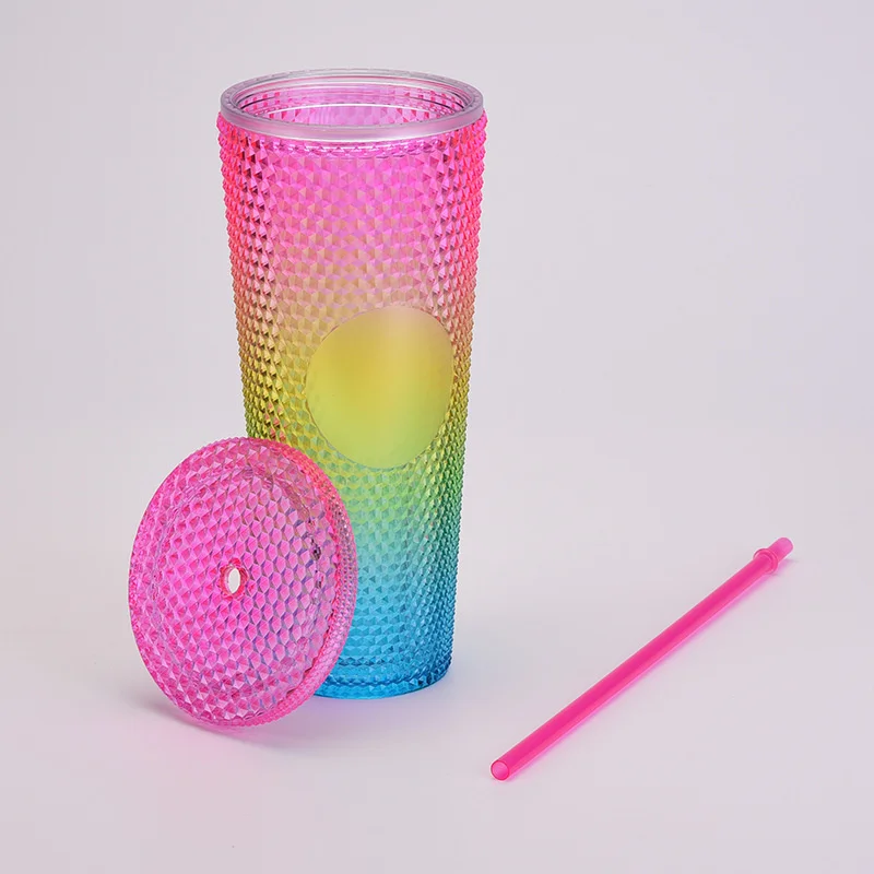 24Oz Matte Glow Inlaid Cup Plastic Coffee Cups With Straw Lids Double Wall Gradient Durian Cup Large Capacity Drinking Cup
