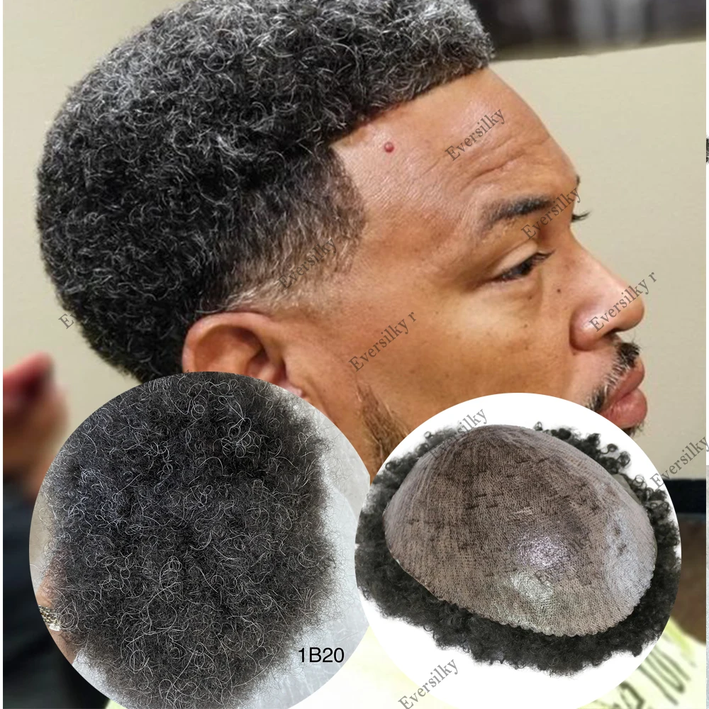 튼튼한 피부 아프로 곱슬 남성 가발, 6mm, 흑인 남성 직조 헤어 가발, 회색 혼합 곱슬머리, 남성 100% 인모 교체 시스템 