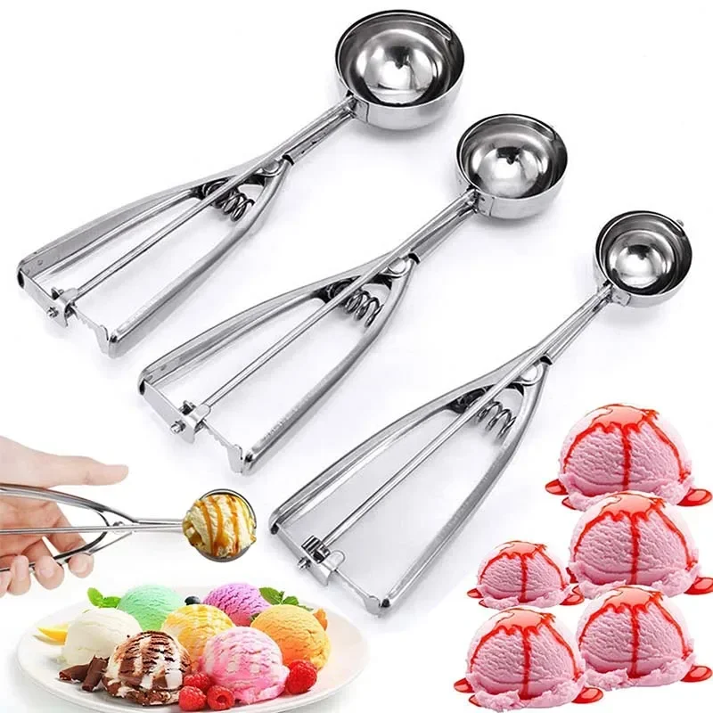 Ice Cream Scoop Kitchen Tools 3 Size Stainless Steel Spring Handle Mash Potato Watermelon Ball Scoop Home Kitchen Accessories