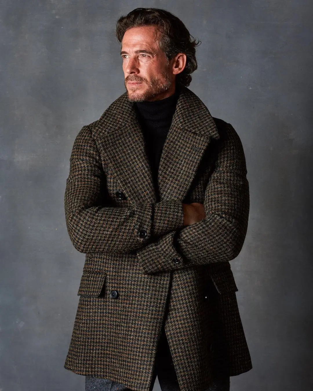 Houndstooth Woolen Men Coat One Piece Business Blazer Overcoat Double Breasted Dark Gray Groom Formal Work Party Causal Tailored