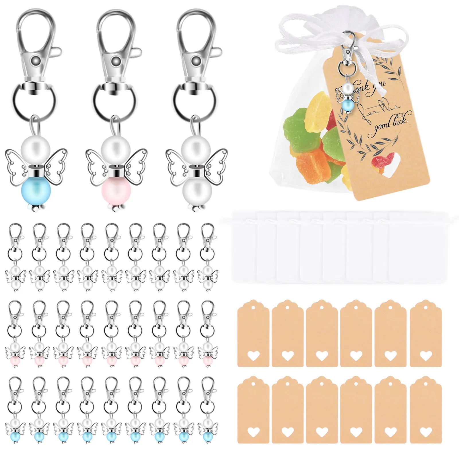 30Pcs Angel Keychains Set with 30 Organza Bags and 30 Thank You Tags Baby Shower Favors Zinc Alloy Angel Keyrings Pendant Guest