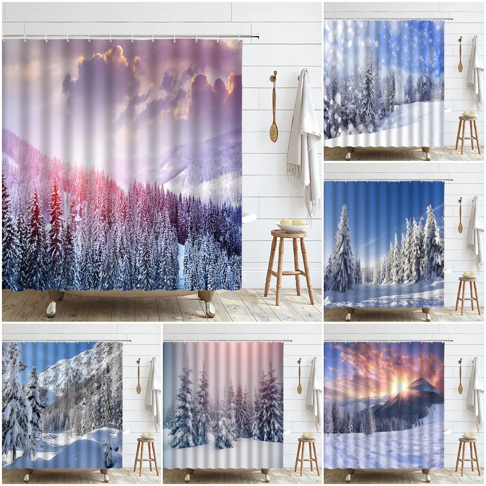 

Winter Forest Shower Curtain Cedar Trees Sunset Mountain Cloud Country Christmas Nature Polyester Fabric Bedroom Decor Curtains