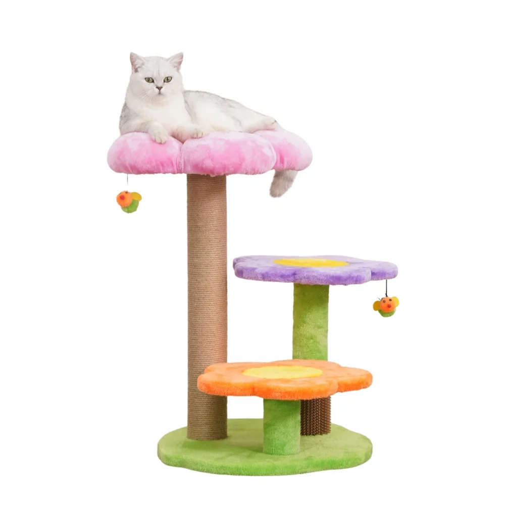 4-Level 26 Inch Colorful Cat Tree with Bloom Perches Jute Scratching Post Teaser Toys Rubber Grooming Brush Sace1db48540a4d998306b99673856532X