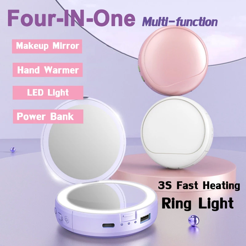 4-in-1 Mini Hand Warmer Power Bank Handheld Makeup Mirror USB Rechargeable LED Night Light Winter Heater Outdoor Travel Portable