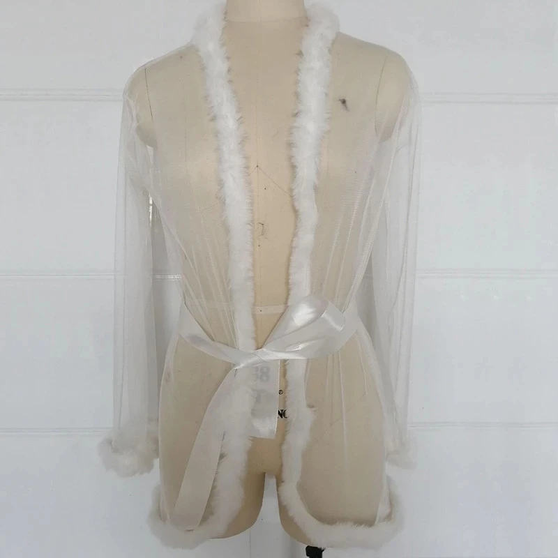 Women Sexy Lingerie Mesh Sheer See Through Sleepwear Robe 3pcs Fur Erotical Set Costume Night Gown Erotic With Briefs Belt