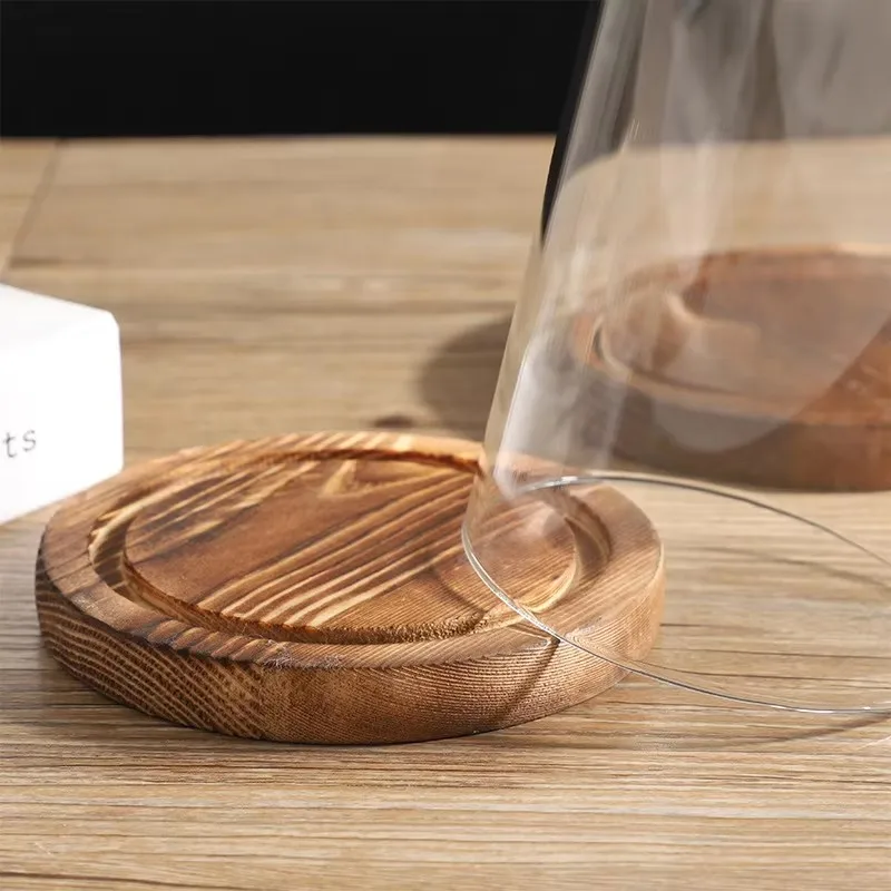 Dia 20cm Free Clear Handcrafted Glass Dome with Brown Wood Stand Home Decor Clear Oval Glass Domes with Base 5