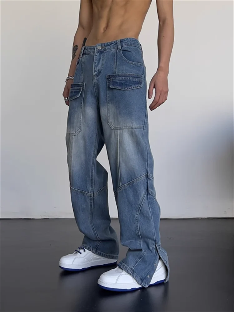 

2023 Europe and the United States retro cargo jeans men's new summer high waist loose straight leg all casual breasted long pant