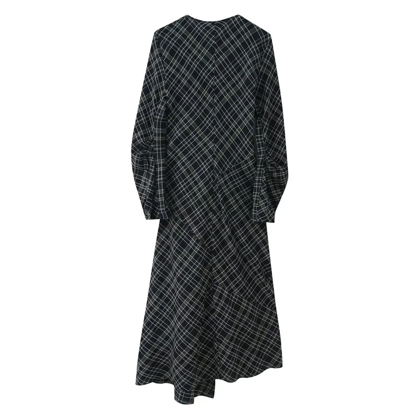 Women Green Retro Checkered Shirt Dress Asymmetrical Pleat Design Lady V-Neck Fashion Casual Versatile High Street Long Dress