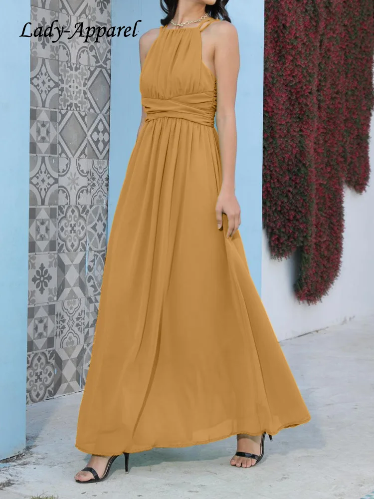 

Y2K Summer Trendy Casual Chiffon Sleeveless Maxi Dresses Women Backless Prom Evening Gowns Beach Party Pleated Halter Dresses